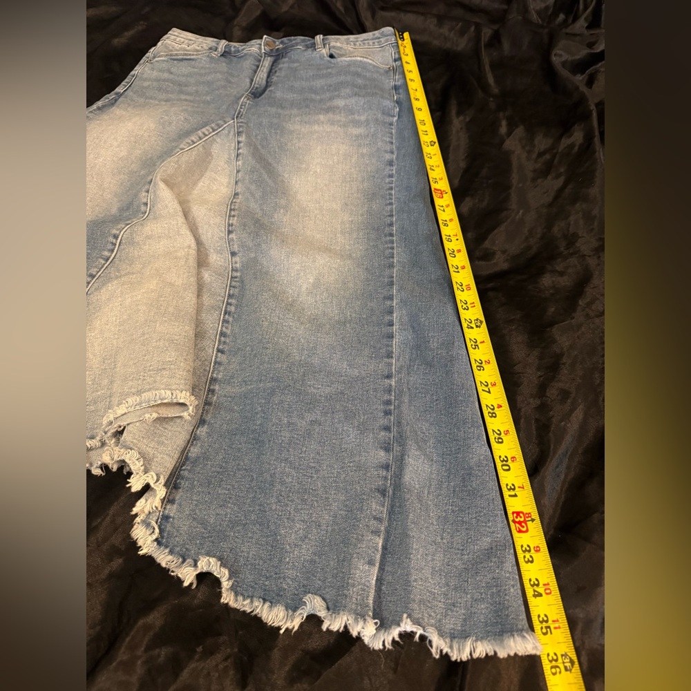 Wash Lab Asymmetrical Pierced Denim Midi Skirt Size 31 Frayed Hem Jean Skirt - Picture 10 of 11